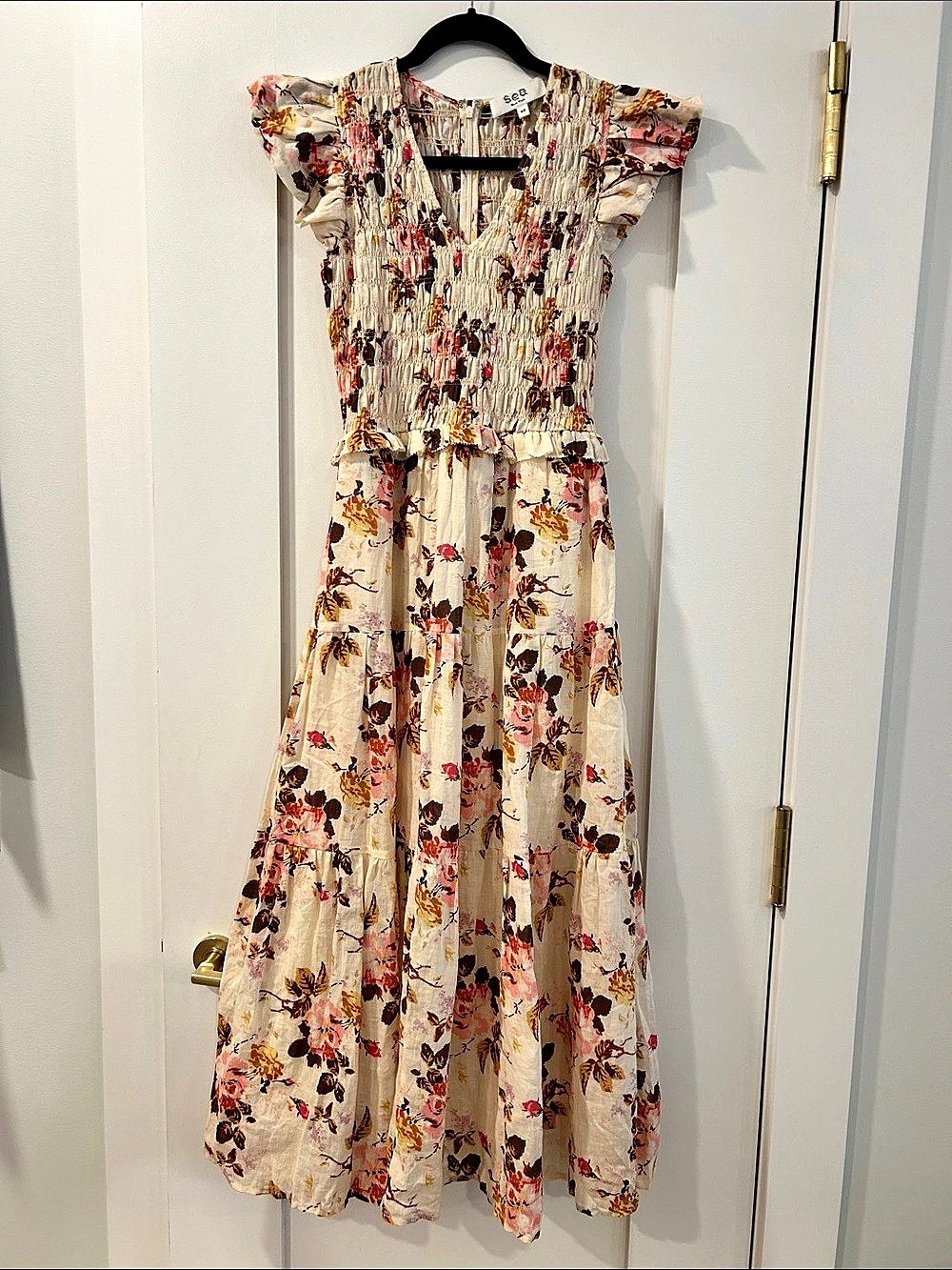 Sea New York Esme Floral Smocked Tiered Flutter-Sleeve Midi Dress, Size 00